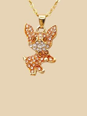 Chihuahua Dog Rose Gold & Gold Plated Necklace Pendant Brown Crystal Necklace